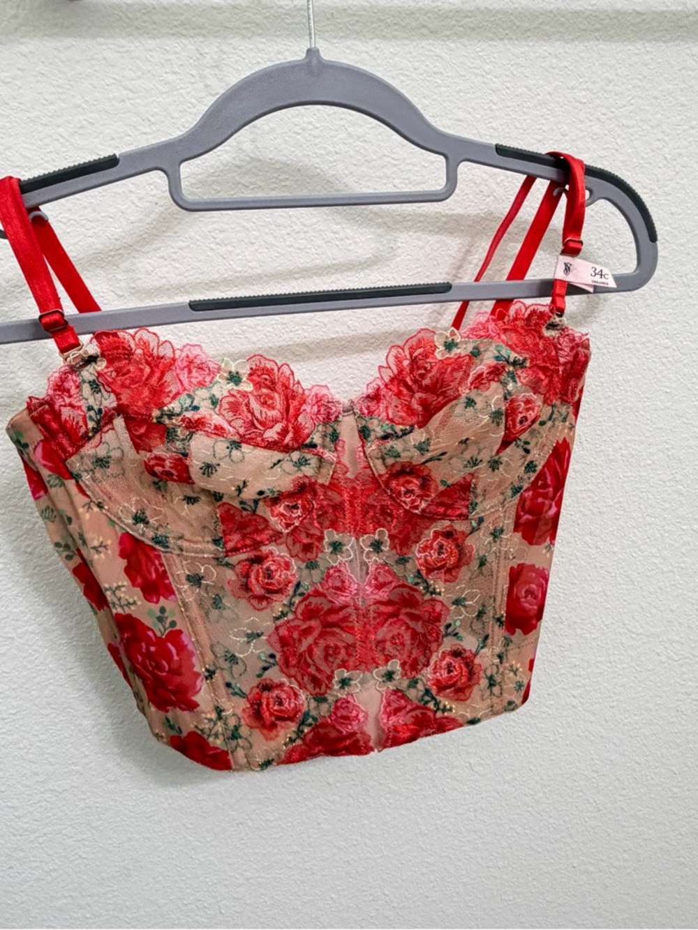 34C VS Dream Angels Tomato Red Embroidered Illuminating Blooms Corset Bra Top - Picture 13 of 14